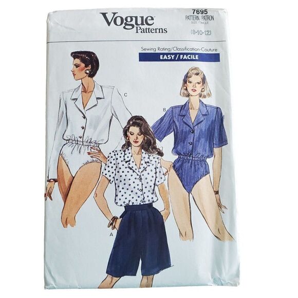 Vintage 90s Vogue Pattern 7695 Uncut Bodysuit Blouse Collar Button Up 8 10 12 - Picture 1 of 4